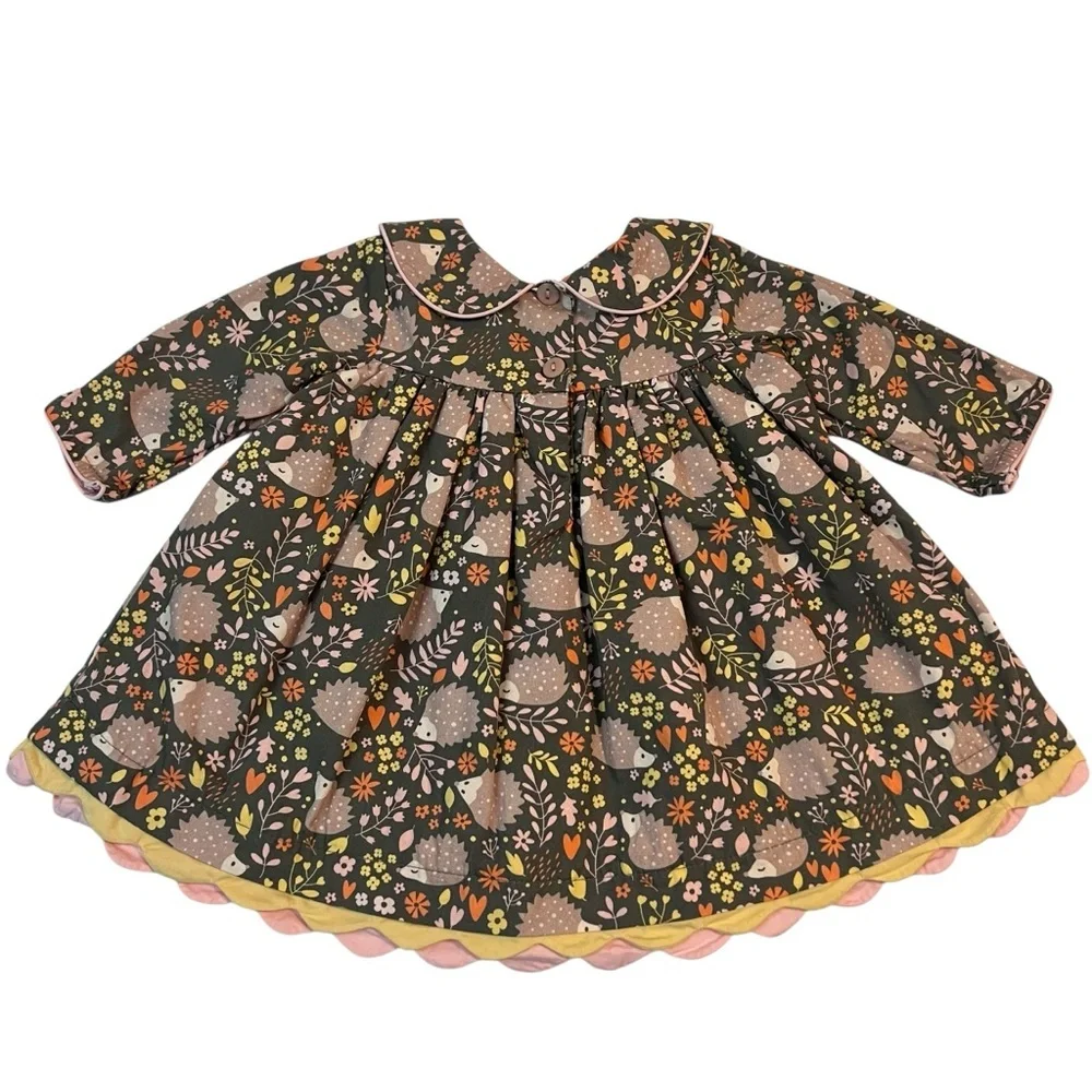 Cotton‎ Kids Hedgehog Print Baby Dress 3M Peter Pan Collar Fall Floral Rare